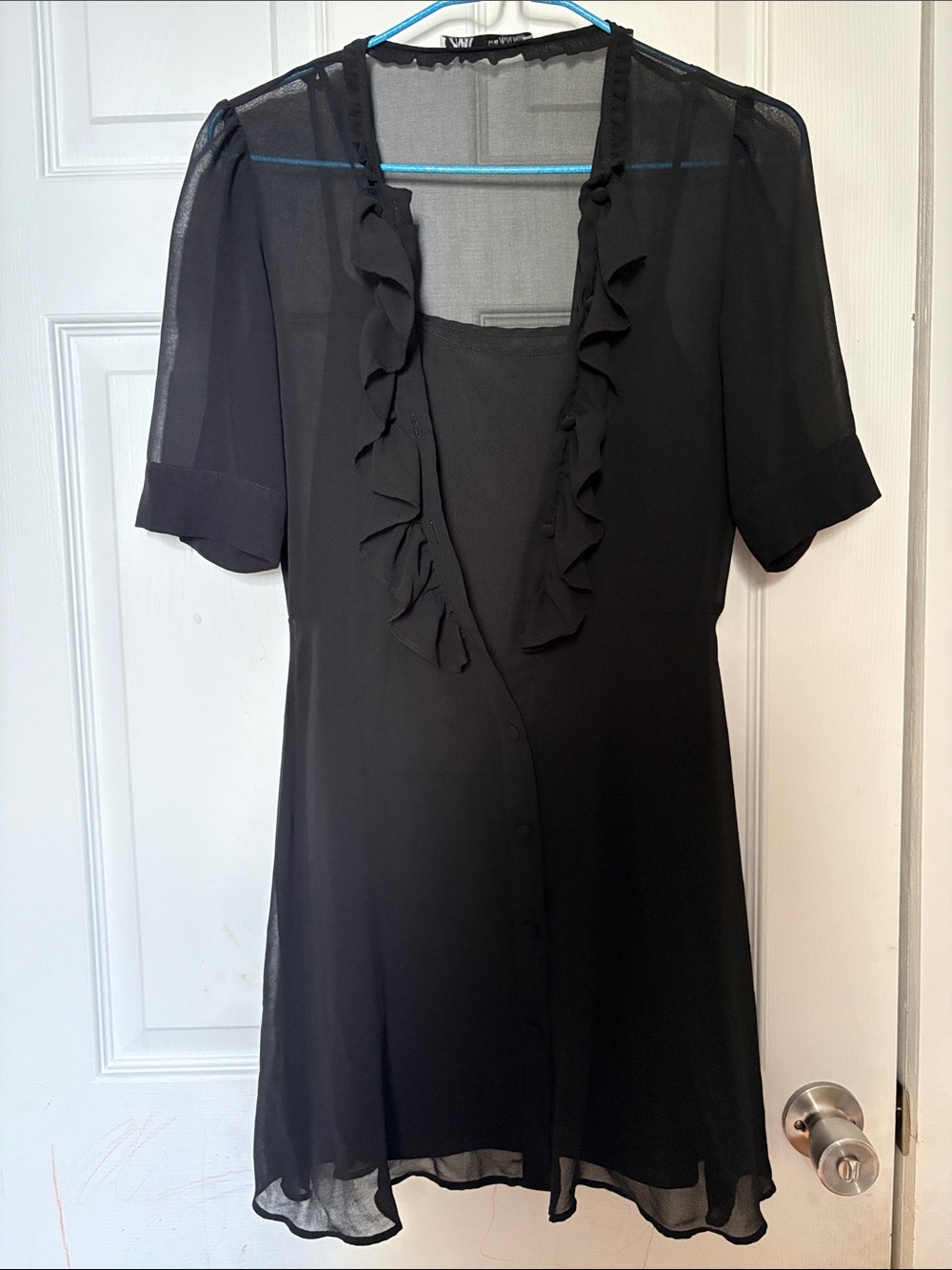 Sheer Ruffle-Front Black Dress - Zara